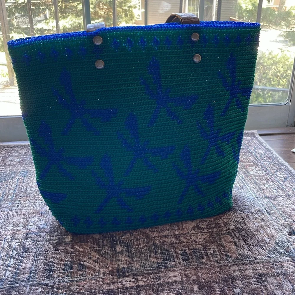 Blue Green Woven Tote Bag | Beach Shoulder Bag Boho Summer Market Purse - Picture 2 of 5